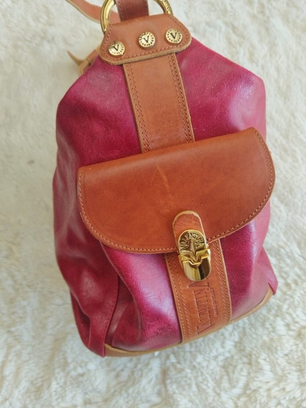 Vintage VALENTINA Italy Genuine Leather Handbag Burgundy & Cognac Brown - Picture 2 of 14